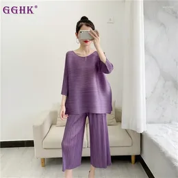 Women's Two Piece Pants GGHK Pleated Fashion Round Neck Seven-quarter Sleeve Top Loose Big Size Wide Leg 2024 Spring And Fall Two-piece Set