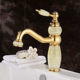 European style New Deck Golden Brass Natural jade Faucet counter basin Hot and Cold 360 Rotate Gilded marble Basin Faucet GLY33