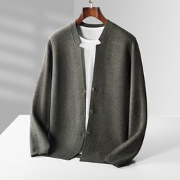 Cashmere cardigan men stand collar solid Colour sweater long sleeve with new autumn and winter casual wool coat