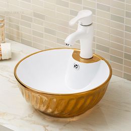 Light Luxury Round Bathroom Sinks Modern Bathroom Fixtures Home Ceramic WashBasin Golden Toilet Washing Sink Above Counter Basin