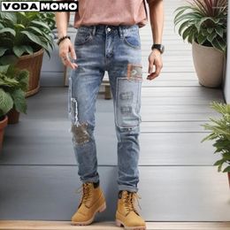 Men's Jeans 2024 Men Fashion Splicing Streetwear Male Wear Ripped Hole Skinny Denim Trousers Cargo Pants Y2k