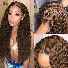 #4 Chocolate Brown Lace Front Wig 13X4 Deep Wave Frontal Wig Brazilian Colored Lace Frontal Human Hair Wigs Curly Plucked Hair