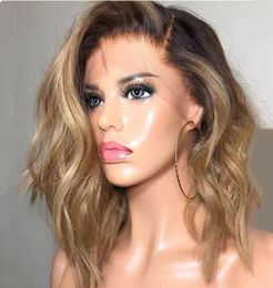 dark roots blonde ombre short curly wave synthetic lace front wig side parting heat resistant Fibre hair full wigs f8212922