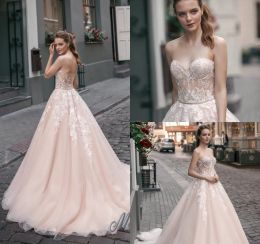 Pastels Colourful Wedding Dresses With Sequins Light Pink A-Line Lace Applique Sweetheart Bridal Gowns Sweep Train Wedding Dress