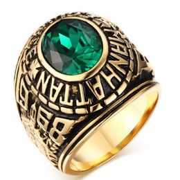 Stainless Steel Manhattan College Ring with Green CZ Crystal for Mens Womens Graduation GiftGold Plated US size 7113396230