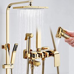 Gold Bathroom Shower Set Senducs Hot Cold Bathtub Mixer Faucet Quality Bras Bathroom Shower Tap Rainfall Bath Shower System