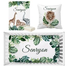 LVYZIHO Animals Baby Boy Crib Bedding Set, Jungle Greenery Leaves Custom Name Cirb Sheet Set, Baby Shower Gift Crib Blanket