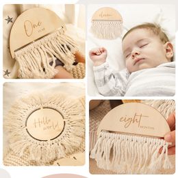 7pcs Wooden Baby Monthly Growth Recording Card Infant Tassel Double Sided Wooden Milestones Newborn Photoshoot Props Shower Gift