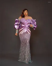 Party Dresses Aso Ebi Purple Africa Women Mermaid Evening Luxury 2024 Beaded Lace Ruffles Dress Formal Prom Plus Size