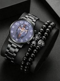 Wristwatches 3pcs Set Men's Lion Classic Versatile Steel Band Wrist Watch Business Quartz