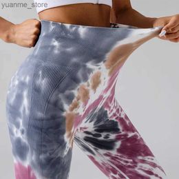 Yoga Outfits Seamless drop dyeing yoga pants high waist and abdomen movement elastic pants and female hand-painted tie-dyed fitness pants Y240410