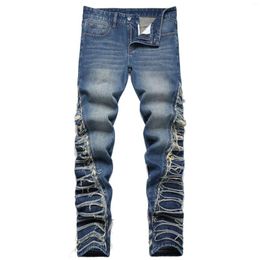 Men's Jeans Destroyed Pants Fashion High Street Ripped Denim Trousers Straight Fit Washed Blue Distressed Bottoms Big Size42