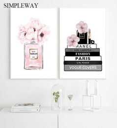 Flower Perfume Bottle Fashion Book Canvas Painting Makeup Poster and Print Wall Art Picture Modern Girl Woman Room Decoration4512689