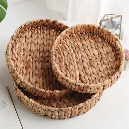 Rattan Wicker Basket Handwoven Fruit Tea Snack Bread Cosmetic Round Storage Box Water Hyacinth Tray Jewellery Dish 240409