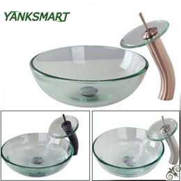 YANKSMART Waterfall Basin Faucet Glass Bowl Bathroom Sink Wash Basin Tempered Faucet Set With Pop Up Drain Mixer Tap Combo Kit