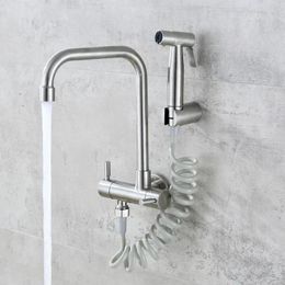 Kitchen Faucets Stainless Steel Faucet Wall Mount Rotate Laundry Sink Cold Water Tap With Spray Quick Open Balcony Mop Pool