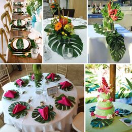 OurWarm 12pcs Artificial Palm Table Placemat Coaster Fake Leaves Tea Table Mat Hawaii Tropical Party Wedding Table Decoration