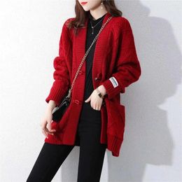 Women's Knits Wool Cardigan Sweater For Womens Autumn V-Neck Red Mujer Long Sleeve Tops Knitwears Korean Fashion Style Outerwears