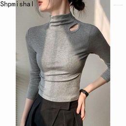 Women's T Shirts Grey Shoulder Long Sleeve T-shirt For Early Autumn 2024 Fit Suit With Half High Collar Underlay Top Female Clothes