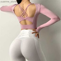 Yoga Outfits Women Sexy Back Long Sleeve Sport Shirts Fitness Workout T-shirt High Elastic Gym Yoga Top Running Clothes Y240410