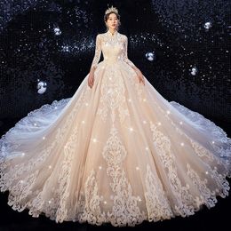 arabic Long Sleeves Pearls Tulle Princess Bridal Ball Gowns Plus Size Country Vintage Lace dubai Wedding Dresses garden Bridal Gowns Robe De Mariage Dresses Vestido