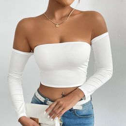 Off Shoulder Crop TShirt Casual Long Sleeve Top For Spring Fall Womens Clothing 240403