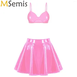 Women's Swimwear Womens Wet Look Patent Leather Bra Skirts Set Wire-free Top With Zipper Flared Mini Skirt Lingerie Night Club Costume