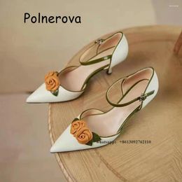 Sandals Flowers Pointed Toe Low-Heeled Metal Buckle Women's Shoes Solid All-Match Shallow Front Strap Soft Leather Summer