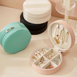 Hooks Portable Mini Jewelry Storage Box Zipper Travel Organizer Solid Color Round Holder For Earrings Rings Necklace Display