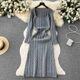 Casual Dresses 2024 Fashion Autumn Winter Women Sweater Dress Solid Color Square Collar Full Sleeve Slim Twist Knitted A Line Long Female