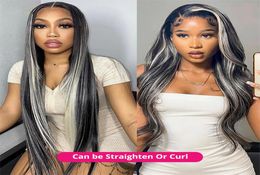 2432 Inch Grey Long Highlight Human Hair Wig Ombre Transparent HD Lace Front Wig 13x4 Curly Hair Women039s Natural Hairline Fa3783034