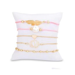 Charm Bracelets Bohemian 5Pcs/Set Leaves Heart Love Lotus Pearl Bracelet Chain Woven Mtilayer Set Women Fashion Gold Jewellery Wholesale Dhu8J