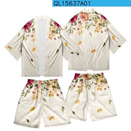 Couple Women Men Asian Clothes Harajuku Floral Printed Japanese Kimono Casual Loose Cardigan And Beach Shorts Set