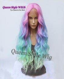 Mermaid Pastel Rainbow Hair Wig Synthetic Rainbow Color Pink purple Blue Fluorescent Green Ombre Hair Lace Front Wig Mermaid Cos5477360