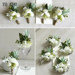YO CHO Wrist Corsage White Rose Silk Flower Cuff Bracelets Bridesmaid Buttonhole Boutonniere Flower Marriage Wedding Accessories