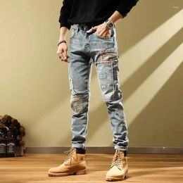 Men's Jeans Motorcycle Skinny Light Blue Trousers Tight Pipe Man Cowboy Pants Slim Fit Spliced Korean Fashion Spring Autumn 2024