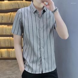 Men's Casual Shirts 2024 Summer Fashion Korean Edition Ice Silk Stripe Printed Short Sleeve Lapel Versatile Simple Slim Fit Shirt