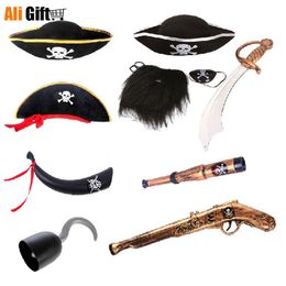 Halloween Pirate's Treasure Caribbean Pirate Cosplay Hat Knife Flag Eye Mask Wigs Performance Props Set Decor Party Supplies