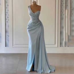 Sky Blue Mermaid Evening Party Dress 2024 One Shoulder Beading Side Split Satin Women Prom Formal Gowns Custom Made Robe De Soiree