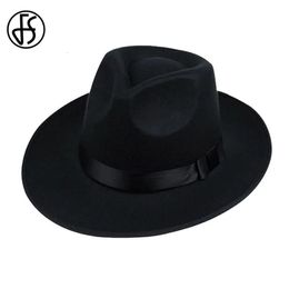 FS Unisex Black Grey Brown Wool Hats Fedora Men Trilby Wide Brim Felt Hat For Women Jazz Cap Panama Autumn Winter Gentleman 240410