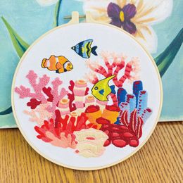 Cute Tropical Fish Embroidery Kit DIY Needlework Houseplant Needlecraft for Beginner Cross Stitch Artcraft(With Hoop)