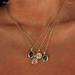 Pendant Necklaces Oval Colored Gem Stone Necklace For Women Stainless Steel Green Cz Pink Red Blue Dainty Elegant Jewelry2754