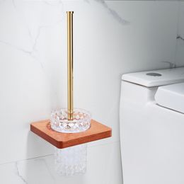 Toilet Brush Holder Set Copper Handle Glass Cup Wood Toilet Brush Rack Wall Mounted Bathroom Cleaning Tools Brushed Gold