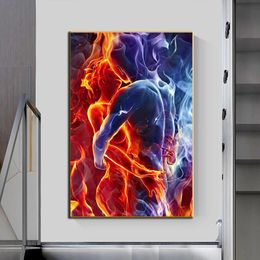 Nude Women Men Hug Kiss Poster Abstract Lover Canvas Painting Prints Flame and Ice Wall Art Picture for Living Room Home Decor