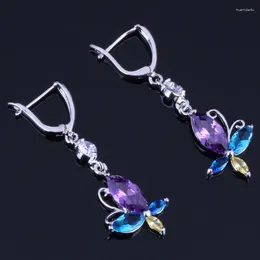 Dangle Earrings Butterfly Multigem Multicolor Purple Cubic Zirconia White CZ Silver Plated Drop V0807