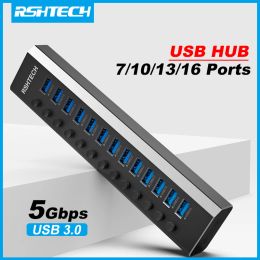 Hubs 7/10/13/16 Ports Powered USB Hub Aluminium USB 3.0 Data Hub Expander with Individual On/Off Switches for Laptop MacBook Splitter