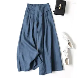 Women's Pants Blue Solid Casual Elastic High Waist Cotton Linen Korean Fashion Wide Leg Ankle-Length For Women 2024 Spring