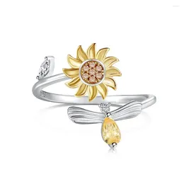 Cluster Rings STL Border INS Style S925 Sterling Silver Sunflower With Diamond Inlay In Europe And America Rotatable