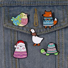 Happy Winter Enamel Pins Custom Bird Cat Fox Turtle Goose Brooches Lapel Badges Animal Sweater Jewellery Gift for Kids Friends