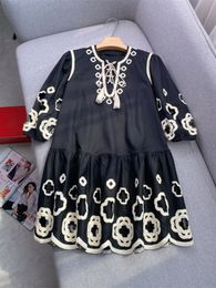 Spring Summer Black Paisley Print Embroidery Cotton Dress 3/4 Sleeve V-Neck Panelled Short Casual Dresses J4A101584